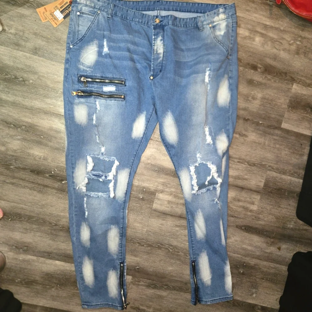 HENGAO Mens Destroyed Ripped Straight‎ Fit Jeans 1161 LIGHT BLUE SIZE 48